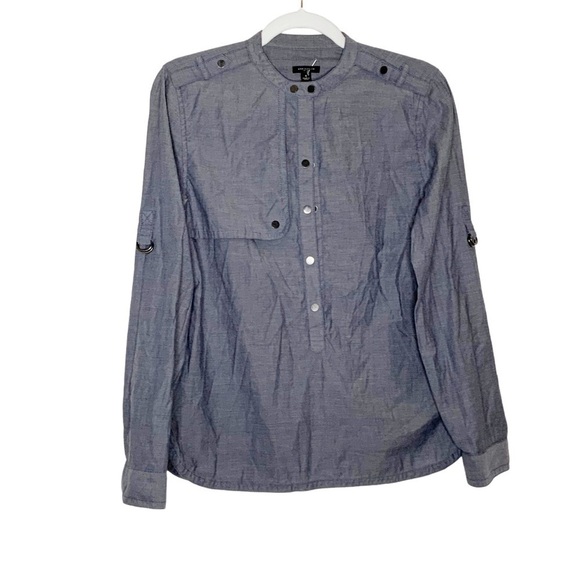 ANN Taylor grey/blue long sleeves cotton top with front flap. Size 4 - Picture 1 of 6
